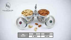 Ensemble de boîtes à fruits secs en argent pur faites à la main avec couvercle, boîte de rangement traditionnelle en argent pour servir et offrir des amandes et des noix de cajou - Product Image 3