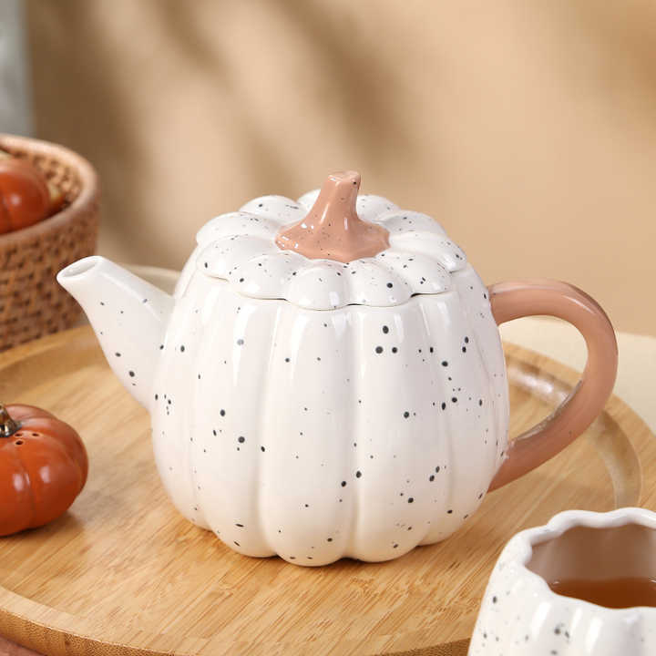 Reactive Personalized Restaurant Home Speckled Glaze Porcelain Mug Pumpkin Shape Tea Pot Set with Cups for Tea