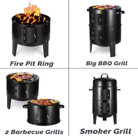 Barbecue fumoir pliant 3-en-1 compact et moderne en fer pour fêtes en plein air