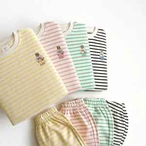 Wholesale Spring Fall Newborn Infant Toddler 2PCS Set Fashion Bear Striped Long Sleeve Sweatshirt Pants Baby Kids Clothes Suit