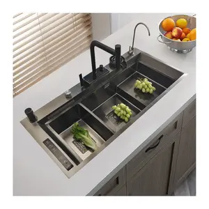 Mesin cuci ultrasonik mode buatan tangan wastafel dapur Cerdas Baja tahan karat wastafel keran air terjun hitam