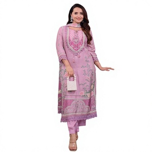 Women Purple MUSLIN Embroidered Ankle-Length <b>Kurti</b> Set Traditional <b>Indian</b> Pakistani Casual Wear Regular Fit Stretchable Design - Product Image 1