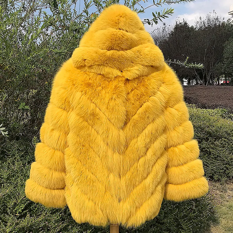 Long Sleeves New Fashion Fur Jacket Winter Yellow Fox Fur Jackets Stripes Fox Fur Hooded Coat