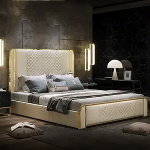 2020 Guangdong Italy Light Luxury Art Design King / Queen Size Double Leather Bed Bedroom Modern Furniture