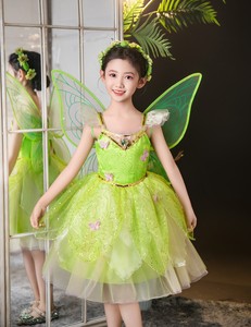 Venta al por mayor niñas verde elfo Rana vestidos Hada niño Tiana Tinker Bell princesa cumpleaños fiesta trajes disfraces de Halloween - Product Image 3