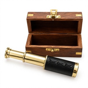 Télescope Nautique Vintage en Laiton Plaqué Or avec Poignée en Cuir, Gravure Laser, Boîte Cadeau en Bois pour Décoration d'Intérieur et Objets de Collection - Product Image 1