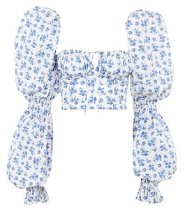Sweet Blue Print <strong>Long</strong> Puff <strong>Sleeve</strong> Cropped Corset <strong>Top</strong> <strong>square</strong> <strong>Neck</strong> Ruched Drawstring Crop <strong>Top</strong> Woman Blouse - Product Image 5