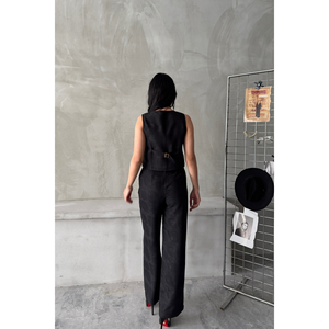 Conjunto de Chaleco y Pantalones de Lino para Mujer, Traje Negro de Un Botón - Product Image 1