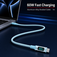 Kabel USB PD 60W Desain Layar Digital, Lapisan Luar Anyaman, Paduan Aluminium, Kompatibel untuk Laptop, Monitor, Ponsel