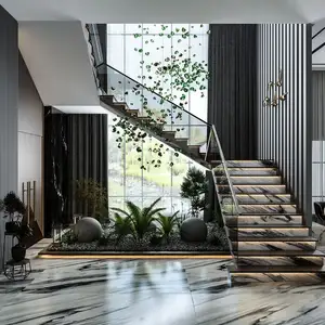 Escada de madeira flutuante LED para interior, corrimão de vidro com degraus de madeira maciça, escadas flutuantes de aço e madeira
