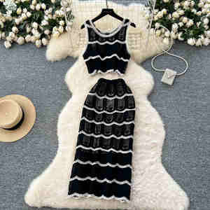 ชุดเสื้อถักโครเชต์ 2 ชิ้นสำหรับผู้หญิง ชุดลำลองสำหรับฤดูใบไม้ผลิ ชุดถักลายทางแบบไม่มีแขนสำหรับวันหยุด - Product Image 3