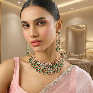 Zircon Short Necklace 182127 Elegant <b>Wedding</b> <b>Accessory</b> with Dazzling Zircon Stones Zinc Alloy Plant Design Green/Mint/Pink - Product Image 3