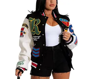 2023 Womens Crop Tops Jackets Button Embroidery Casual Fleece Coat Varsity Jackets Custom Jacket For Women Stylish