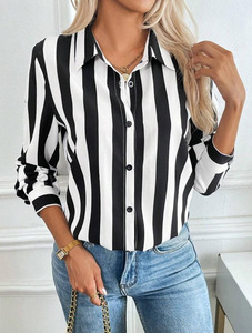 2025 primavera ed estate moda Versatile <span class=keywords><strong>camicia</strong></span> <span class=keywords><strong>a</strong></span> maniche lunghe <span class=keywords><strong>a</strong></span> <span class=keywords><strong>righe</strong></span> <span class=keywords><strong>blu</strong></span> da <span class=keywords><strong>donna</strong></span> formale da ufficio con bottoni Cardigan - Product Image 5
