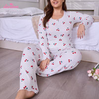 Ensemble de pyjama d'été pour femmes grandes tailles, imprimé cerises de luxe, respirant, simple, manches longues, shorts, vêtements de maison