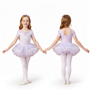 Vestido de Ballet de Encaje Lavanda para Niñas, Disfraz de Danza de Manga Corta con Falda de Tul y Lazo, Tallas 2-12 para Práctica de Danza - Product Image 1
