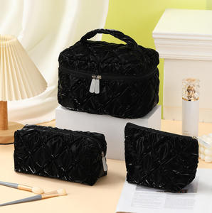 定制刺绣标志绗缝棉3 pc化妆包套装大容量拉链便携收纳袋旅行泡芙美容包 - Product Image 2