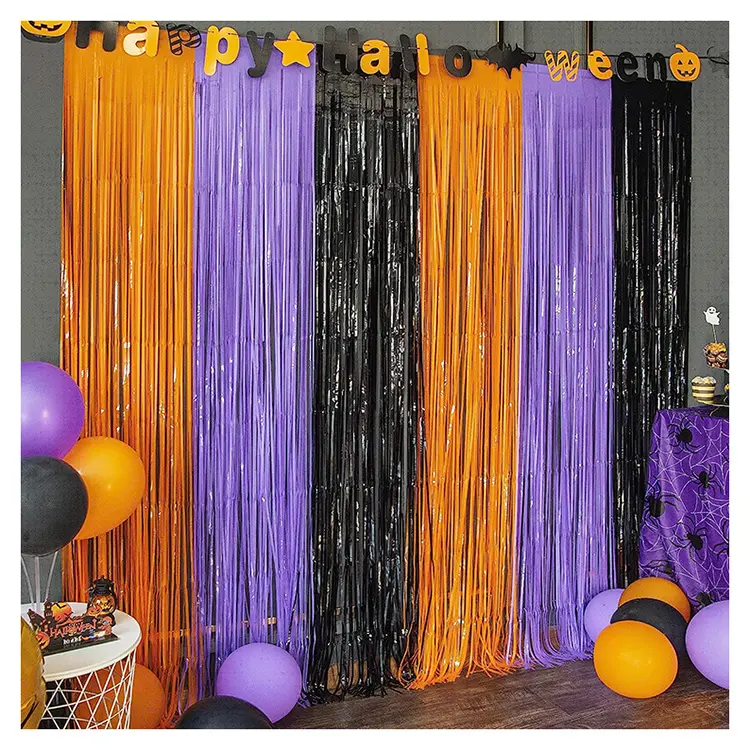3 packs d'accessoires pour photomaton, orange, violet, noir, 3.3x6.6 pieds rideaux à franges en feuille de papier d'aluminium Halloween Party Photo Backdrop Streamer