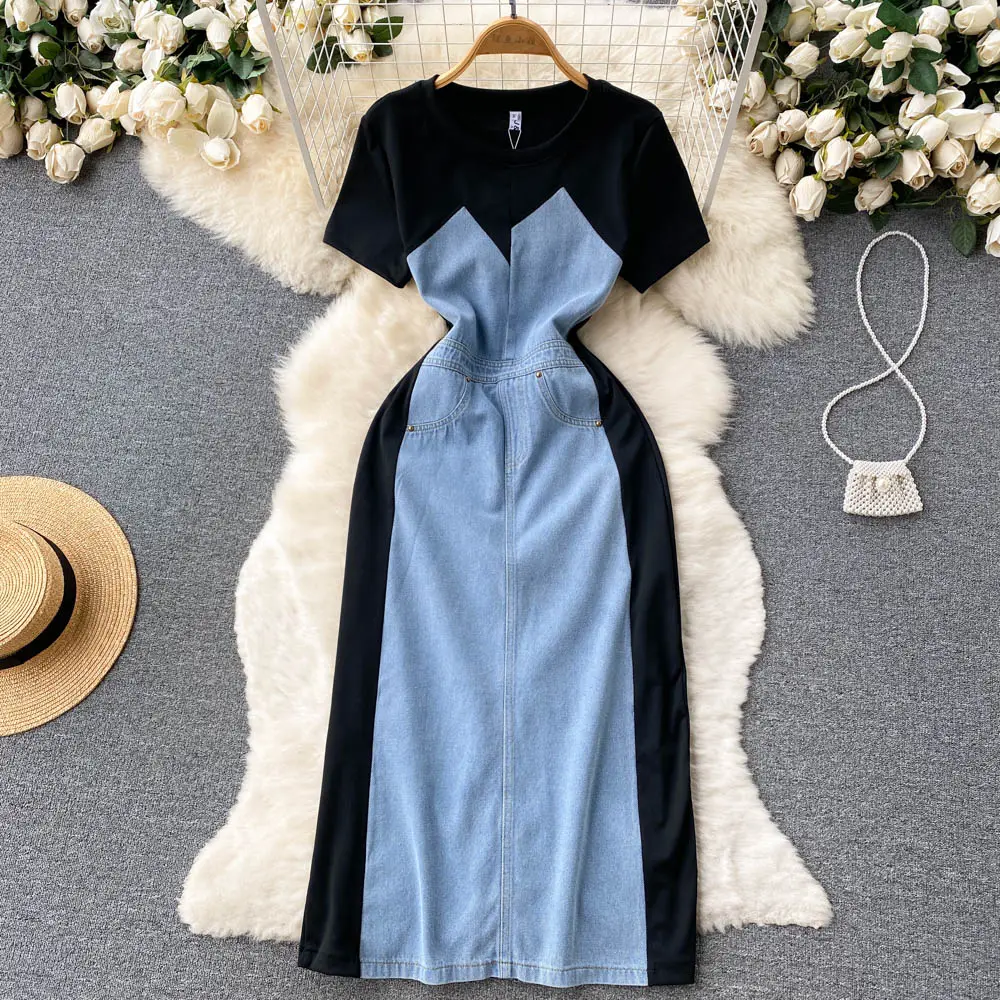 Đầm Chữ A Màu Trơn Cổ Tròn Tay Ngắn Đầm Midi Cạp Cao Vải Denim Màu Tương Phản Mùa Hè Đầm Nữ Thường Ngày Quần Áo Nữ