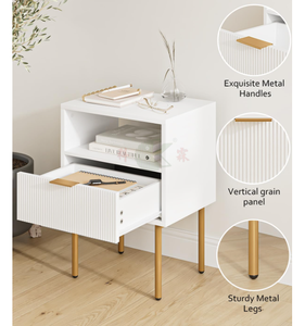 Mesita <span class=keywords><strong>de</strong></span> <span class=keywords><strong>noche</strong></span> moderna <span class=keywords><strong>de</strong></span> mediados <span class=keywords><strong>de</strong></span> siglo, blanca, con cajón <span class=keywords><strong>de</strong></span> almacenamiento <span class=keywords><strong>y</strong></span> estante abierto, mesita <span class=keywords><strong>de</strong></span> <span class=keywords><strong>noche</strong></span> con ribete dorado para dormitorio - Product Image 5