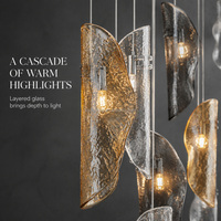 Lustre en verre ondulé ambre et fumé, suspension sculpturale en cascade pour entrées d'hôtels et grands escaliers
