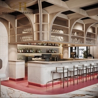 Design de comptoir de bar de restaurant tendance avec éclairage, mobilier de restaurant en bois, ensembles de salle à manger écologiques