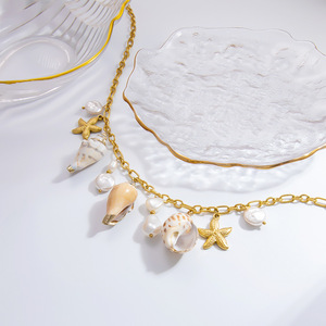 Stainless Steel Conch Starfish Pearl Pendant <b>Necklace</b> 18K Gold Plated Beach Party Jewelry Fashion <b>Statement</b> Piece - Product Image 4
