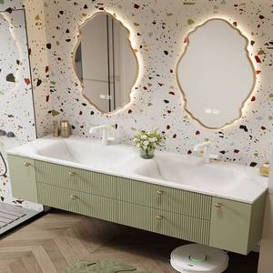 High end villa customized rock slab hot bending integrated double basin intelligent lighting defogging <b>mirror</b> bathroom cabinet - Product Image 5