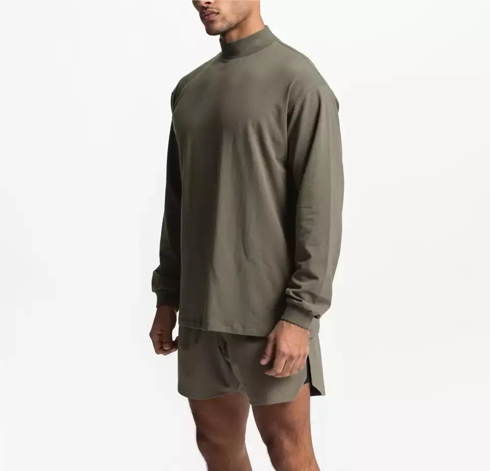 Lanwo Mock Neck Long Sleeve Cotton T Shirt For Men Custom Logo Sweatshirt Printing Embroidery Plain Green Gym Fitness T Shirt