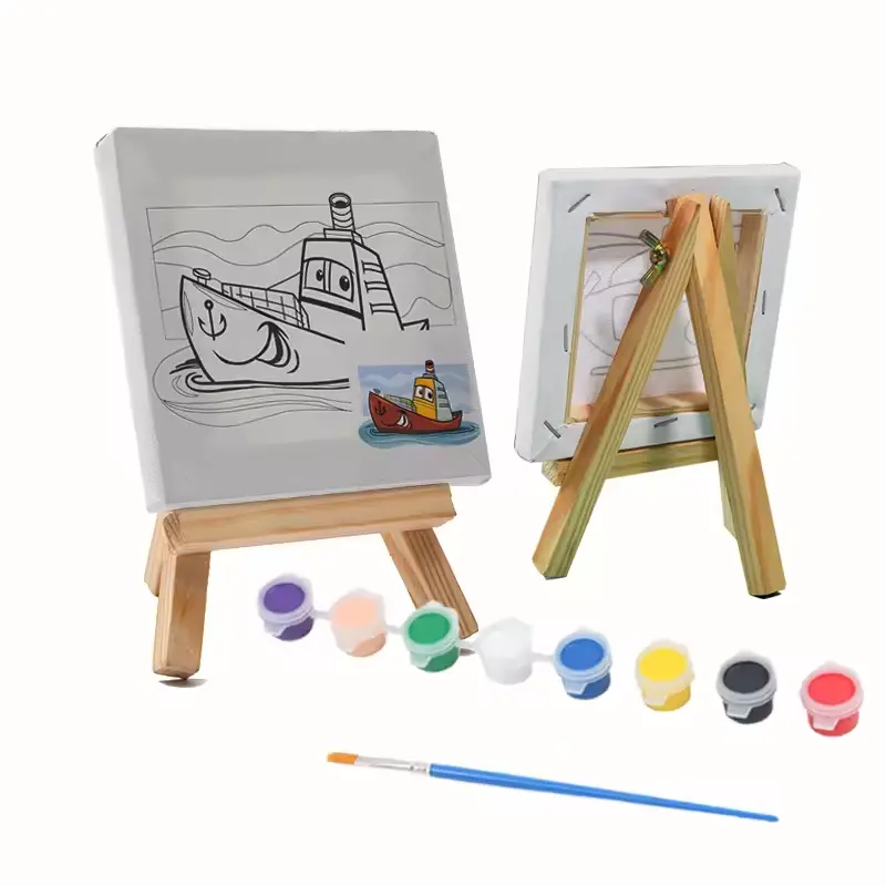 school art stationery coloring pre printed wood stretched DIY custom mini size acrylic painting by numbers with easel for kids