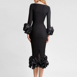 C3724 stile europeo a <span class=keywords><strong>maniche</strong></span> <span class=keywords><strong>lunghe</strong></span> da donna a maglia abito <span class=keywords><strong>Midi</strong></span> <span class=keywords><strong>nero</strong></span> elegante da sera da donna - Product Image 2