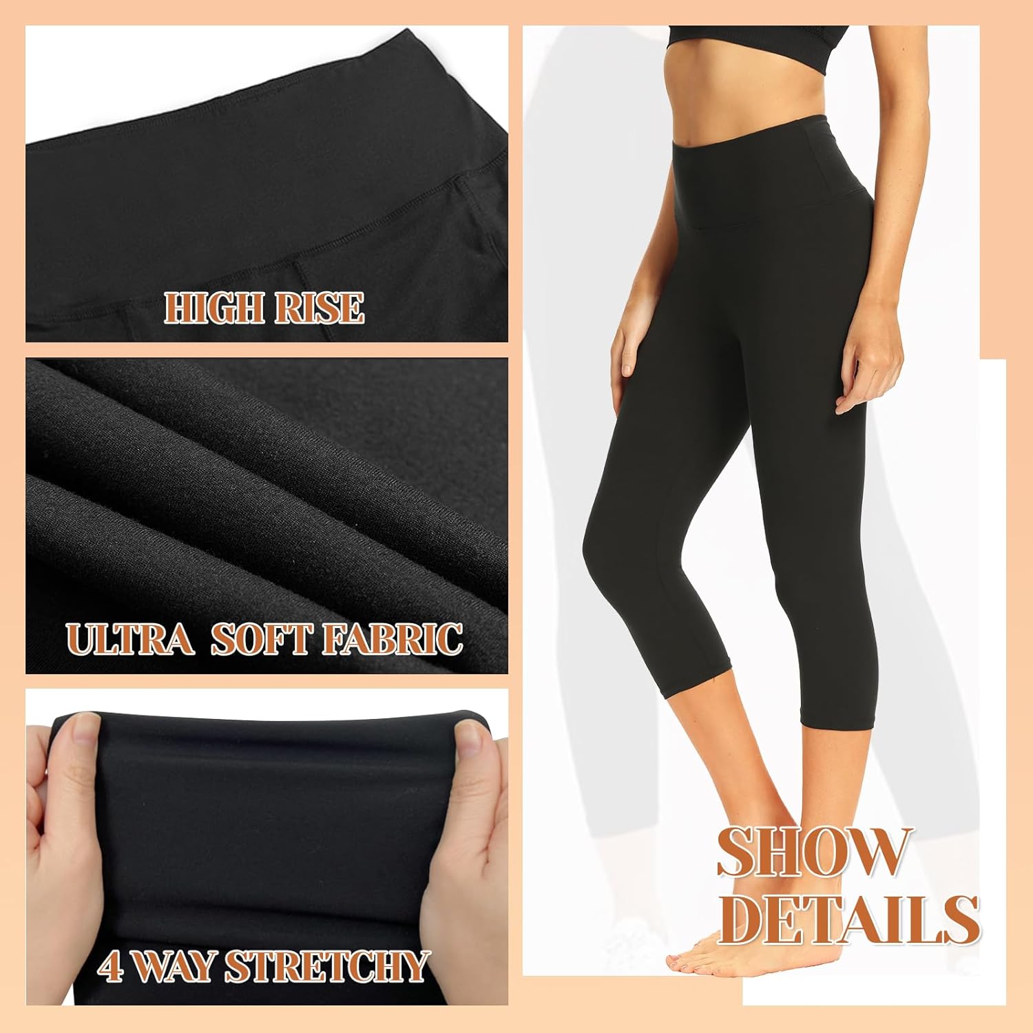 TNNZEET 7 Pack Soft Velour Polyester High-Waisted Yoga Leggings for Women Vintage Style Pockets Black Full-Length Capri 100g