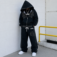 Ensemble de survêtement personnalisé pour homme noir à clous, avec logo brodé, en coton épais, deux pièces (hoodie et pantalon)