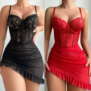 Summer Women's Nightgown <b>Sexy</b> Lace Thin Homewear Halter Exquisite Sleepwear Erotic V-Neck Bra Panty <b>Set</b> Hot New Pajamas <b>Sets</b> - Product Image 3