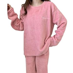 Women Autumn Winter Sleepwear Suit Long Sleeve O-neck Pullover + Long <strong>Wide</strong> <strong>Leg</strong> Pants Lady Casual Fleece Warm Pajamas - Product Image 5