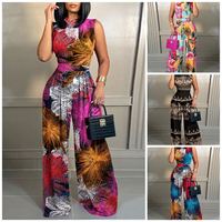 Combinaison Femme Été 2024 S-5XL, Sans Manches, Col Montant, Imprimée Florale, Jambes Larges Droites, Pantalon Long, Décontractée et Ajustée