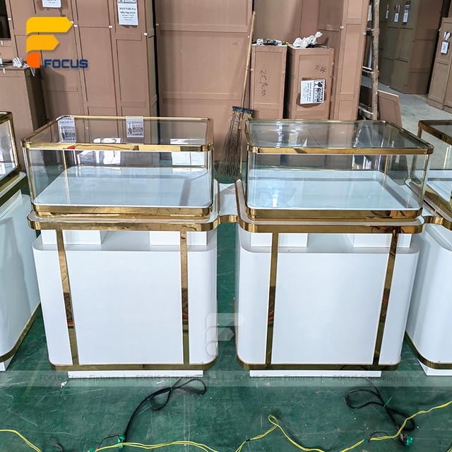 Custom White and Gold Lockable Jewelry Display Case Tempered Glass Front Storage Cabinet Retail Showcase