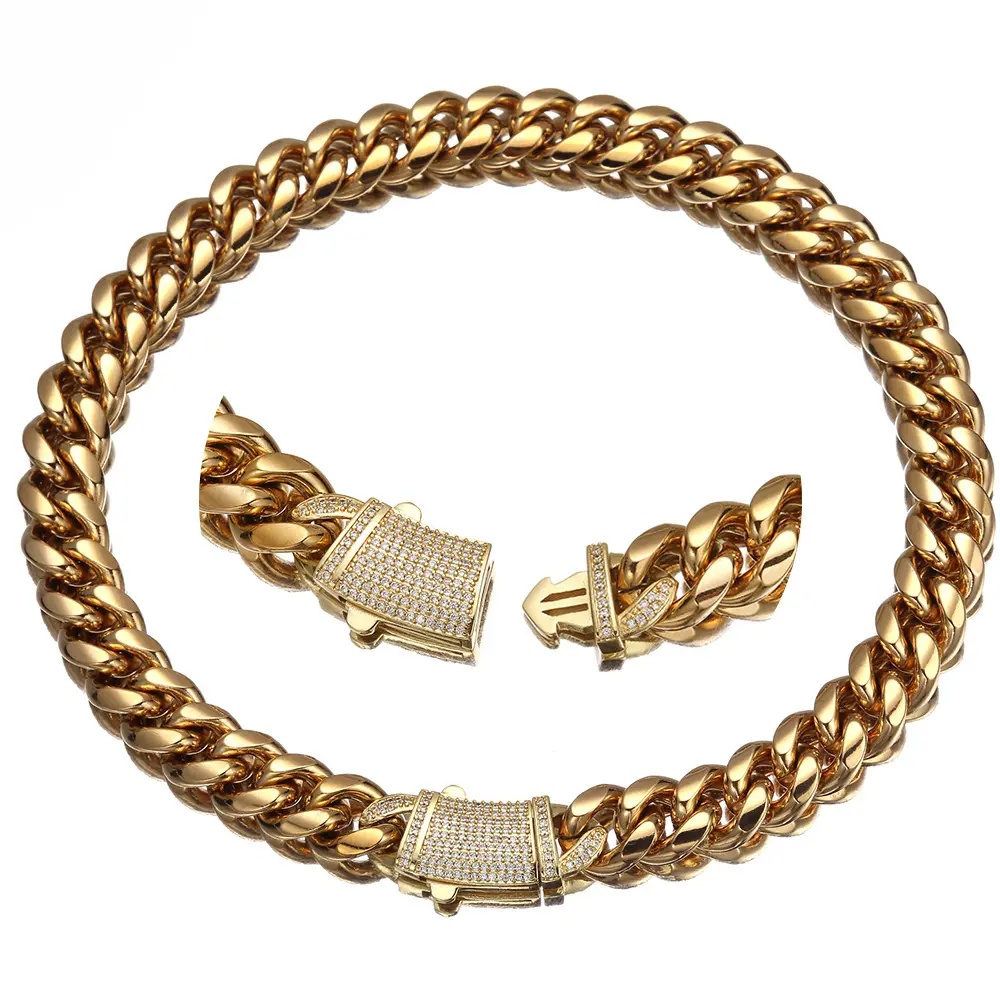 Stocks mens 18k gold plated stainless steel heavy miami cuban link chain necklace
