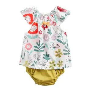 Flower Prints 2Pcs Cute Baby Clothing Sets 2 Years Girls Triangle Shorts and Elastic Collar Top T-shirt