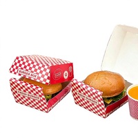 Boîte à hamburger à carreaux rouges et blancs, personnalisée, en papier jetable, pour emporter, emballage pour restauration rapide