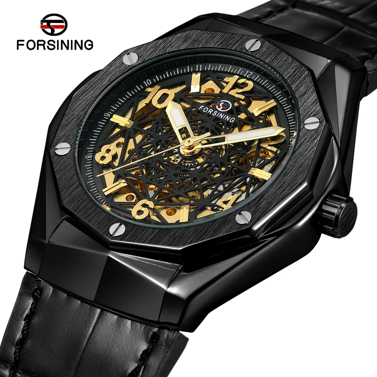 Forsining relojes alloy Leather Business Custom Logo Watches Skeleton Automatic Mechanical for Men Wristwatch