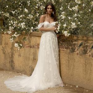 Off The Shoulder Strapless Ivory White Wedding Dress A Line Chiffon With Embroidery Floral Print Natural Waistline - Product Image 2