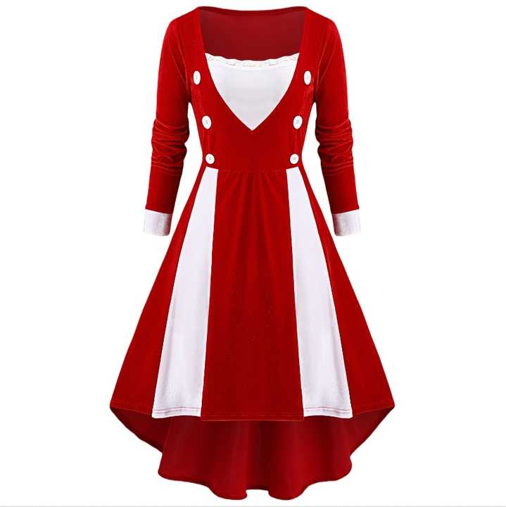 Womens christmas dress y2k decorative button color blocking lace chest long sleeves asymmetric velvet midi dresses