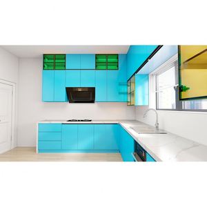 Nouvelle conception de meubles de cuisine à finition brillante, armoires de cuisine modulaires en panneaux laqués avec plan de travail en pierre - Product Image 3