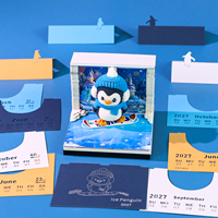 2027 Bloc-notes calendrier artistique en papier Pingouin, artisanat en papier sur le thème des animaux polaires avec lumière LED et boîtier de présentation en acrylique, cadeau créatif
