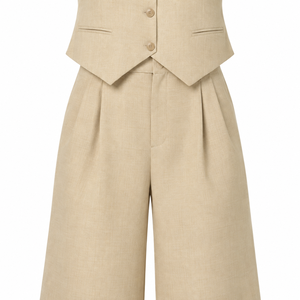 <b>Women</b> Beige Linen Vest and Shorts Set Sleeveless V Neck <b>Waistcoat</b> Two Piece Summer Outfit - Product Image 5