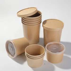 डिस्पोजेबल क्राफ्ट कागज सूप कटोरे जाने के लिए क्राफ्ट पेपर गर्म सूप खाद्य कप दूर ले खाद्य निकाल कागज ढक्कन के साथ