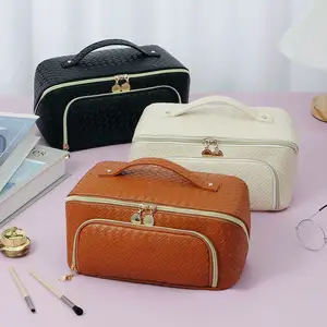 Kustom portabel perjalanan tas kosmetik kulit besar dengan terbuka datar wanita tahan air dan tahan debu