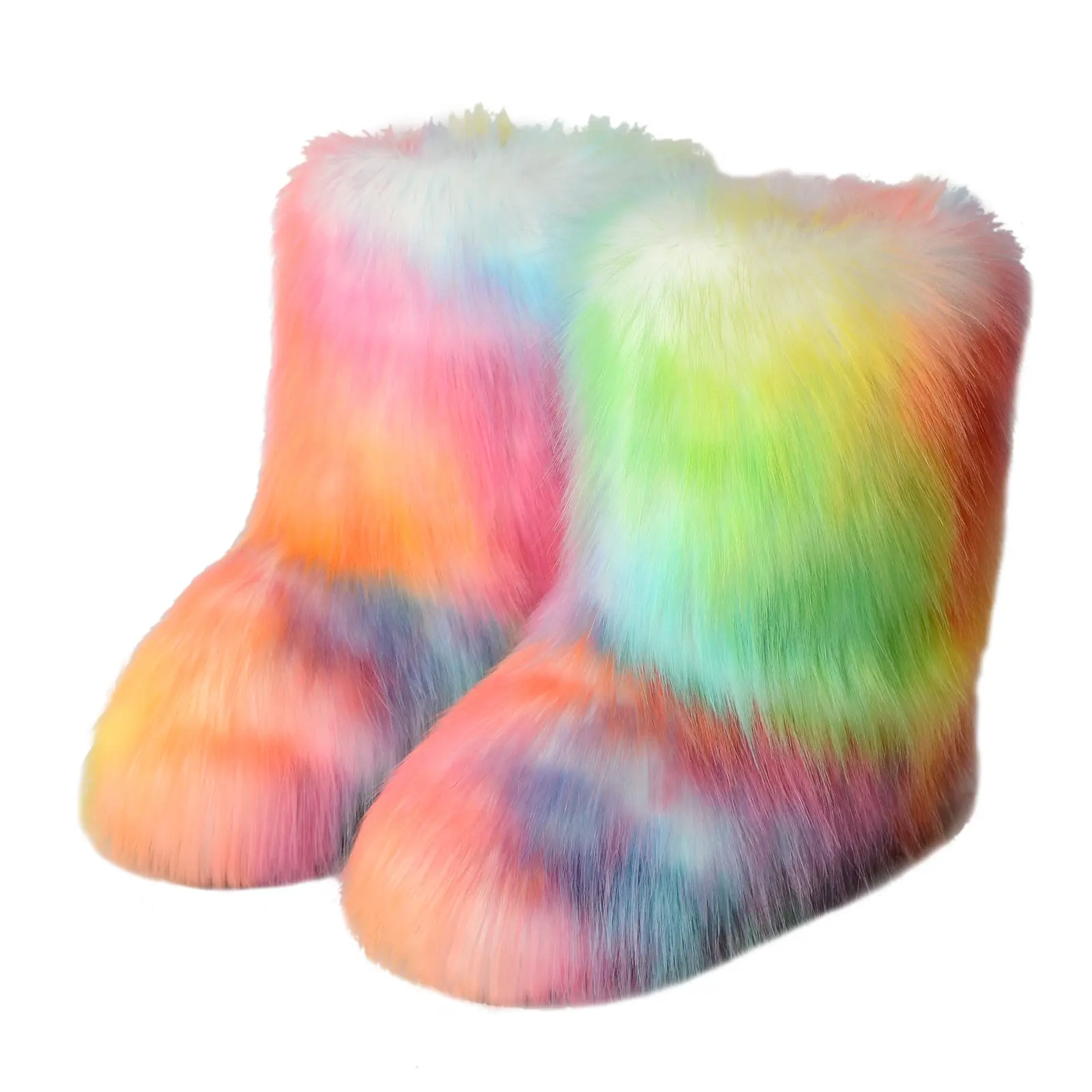 ACORLIFE Flat-heeled high-top warm winter fur boots deep mouth round toe mid-tube imitation fox fur snow women's floor boots