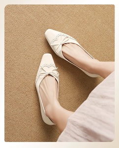 White Flat Shoes Bow Cut-out Breathable Upper Square Toe Ballet For 2027 Spring <b>Gift</b> For <b>Friends</b>, Go To School, Bride <b>Gift</b> - Product Image 3
